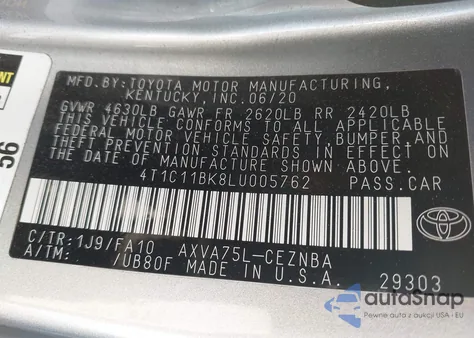 2020 Toyota Camry Le Awd z USA, uszkodzony, nr VIN 4T1C11BK8LU005762